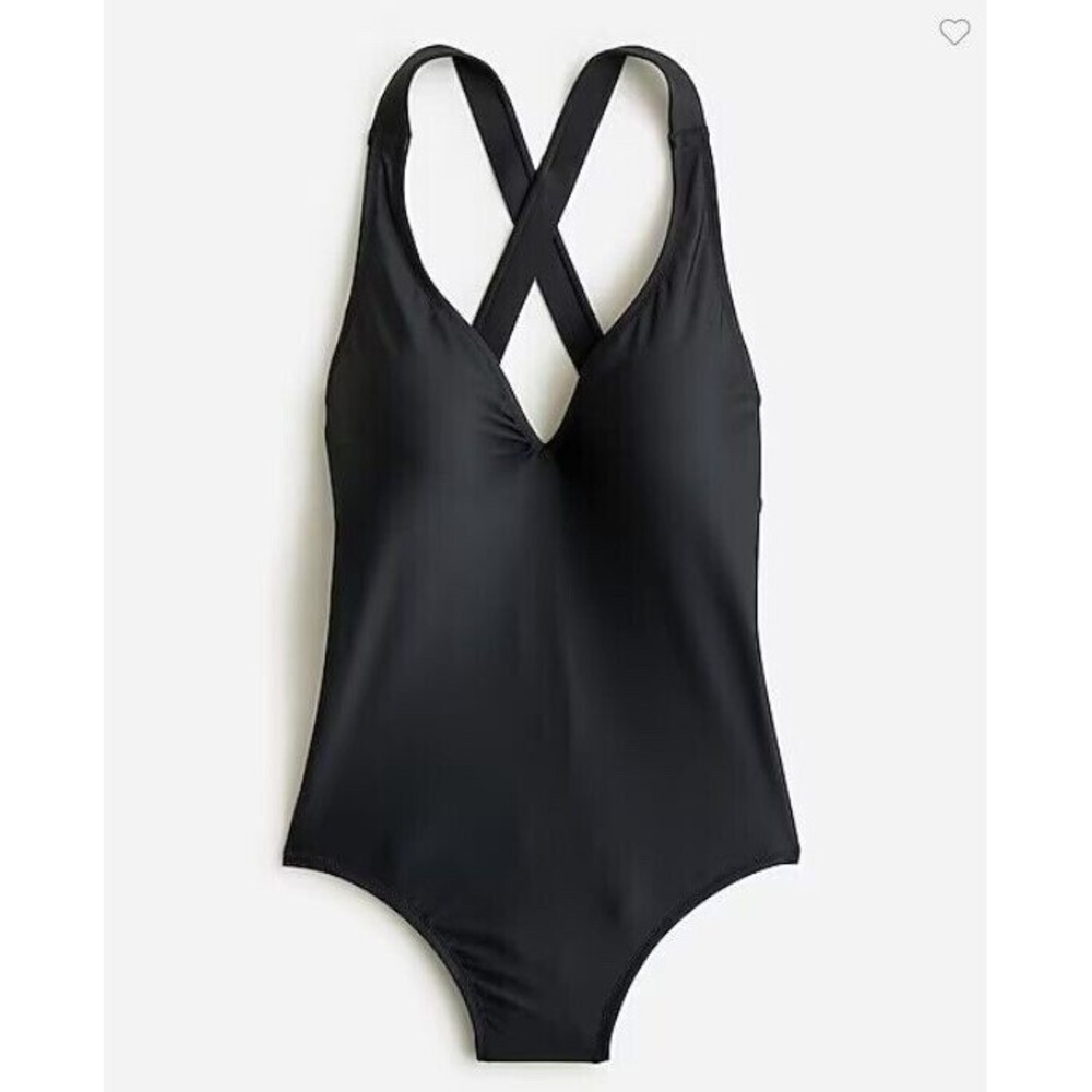 New J.Crew Women Black High Support Cross Back One Piece Swimsuit 10 Deep V-neck